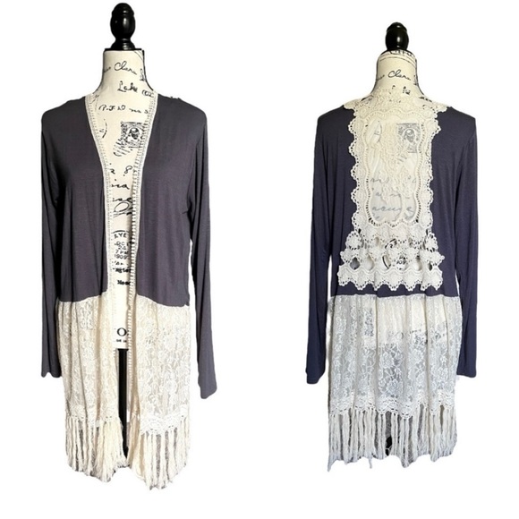 Umgee Open Front Lace Fringe Cardigan Boho Cottagecore | Size M - Picture 2 of 11